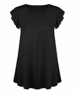 New ⌛ UDEAR Black V-Neck Ruffle-Trim Swing Top - Plus ⭐