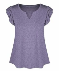 New ๐คฉ UDEAR Heather Purple Notch Neck Flutter-Sleeve Top - Plus ๐