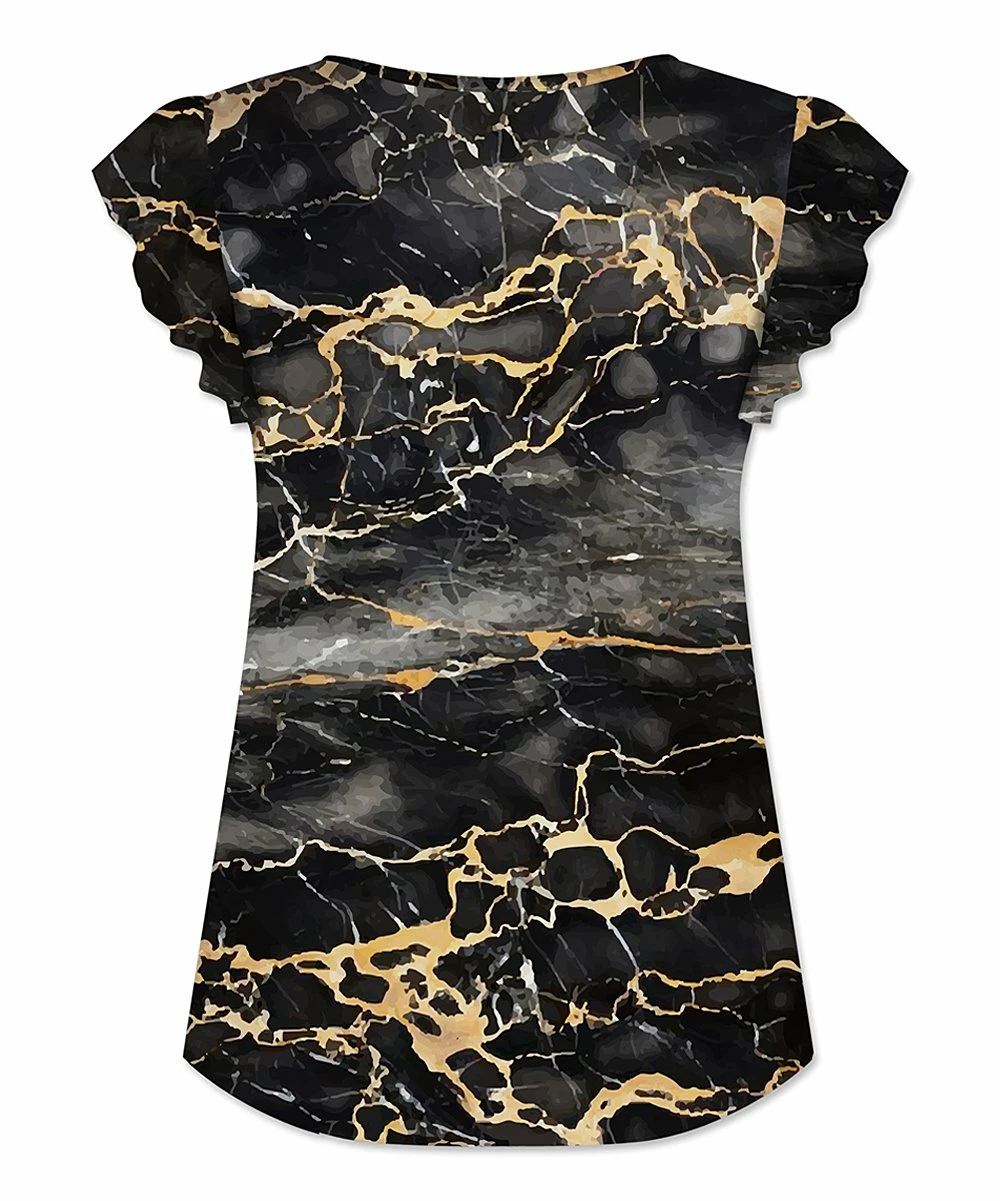 Brand new 🛒 UDEAR Black & Yellow Marbled Notch Neck Flutter-Sleeve Top - Plus 👏 - Image 2
