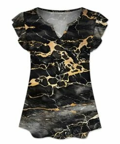 Brand new 🛒 UDEAR Black & Yellow Marbled Notch Neck Flutter-Sleeve Top - Plus 👏