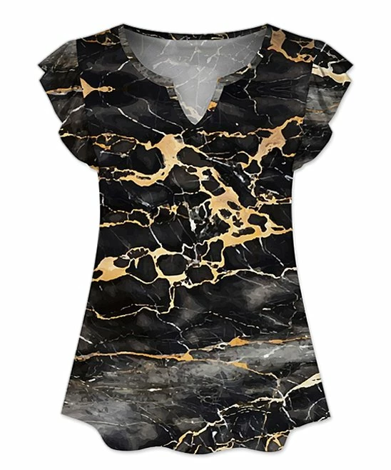 Brand new 🛒 UDEAR Black & Yellow Marbled Notch Neck Flutter-Sleeve Top - Plus 👏