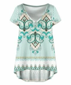 Buy โ UDEAR White & Green Stripe Medallion Hi-Low V-Neck Top - Plus ๐