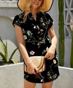 Cheapest 💯 UDEAR Black & Green Floral Button-Front Notch Neck 👗 Dress - 👩 Women ✨