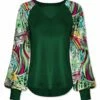 Budget ❤️ UDEAR Dark Green & Rose Red Abstract Floral Bishop-Sleeve V-Neck Top - 👩 Women ❤️