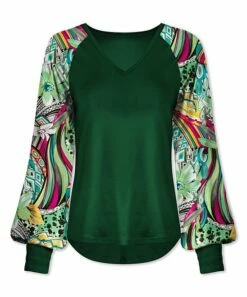 Budget ❤️ UDEAR Dark Green & Rose Red Abstract Floral Bishop-Sleeve V-Neck Top - 👩 Women ❤️