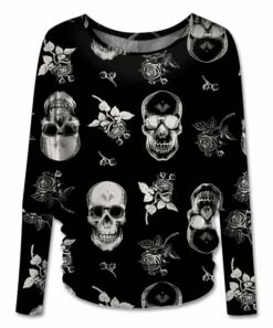 Budget ✔️ UDEAR Black & White Floral Skull Ruched-Hem Long-Sleeve Dolman Top - 👩 Women 🥰