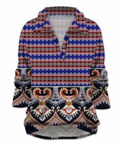 New ✨ UDEAR Red & Blue Abstract Long-Sleeve Collared V-Neck Top - Plus 🔥