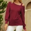 Cheap 🔔 UDEAR Burgundy Bishop-Sleeve Cutout Top - 👩 Women 🤩