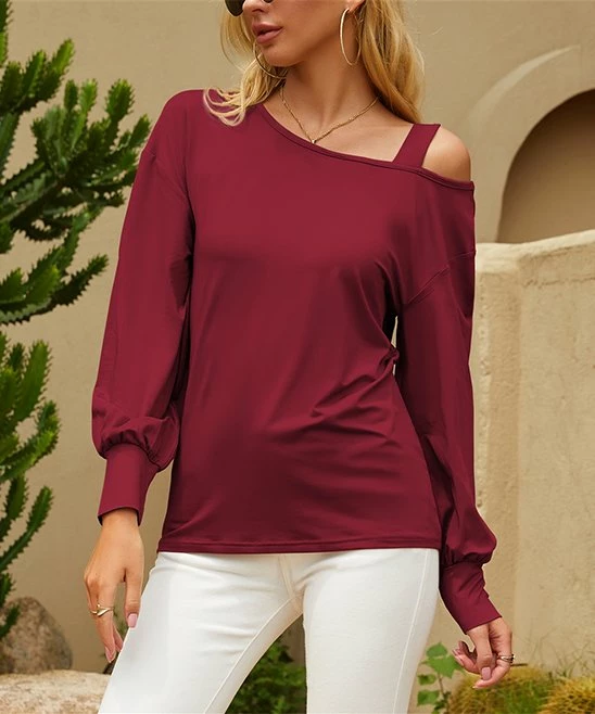Cheap ๐ UDEAR Burgundy Bishop-Sleeve Cutout Top - ๐ฉ Women ๐คฉ