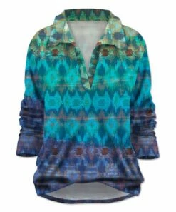 Top 10 💯 UDEAR Blue & Green Abstract Ikat Collared Notch Neck Top - 👩 Women 🛒