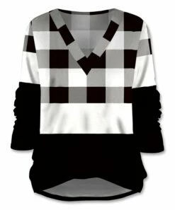 Buy 😍 UDEAR Black & White Plaid V-Neck Top - 👩 Women 😉