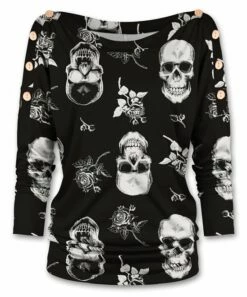 Budget 🧨 UDEAR Black & White Skull Button-Accent Boatneck Top - 👩 Women 👏