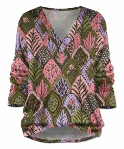 Best Pirce 🔥 UDEAR Pink & Green Leaves Long-Sleeve V-Neck Top - 👩 Women 💯