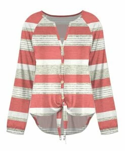 Best deal ๐ UDEAR White & Light Red Stripe Button-Up Hi-Low Top - ๐ฉ Women โญ