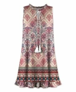 Cheap ❤️ UDEAR Pink & White Arabesque Ruffle-Neck Tassel-Tie Sleeveless Tunic - Plus ✔️