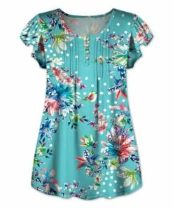 Flash Sale โ๏ธ UDEAR Turquoise & White Floral Pin Tuck Button-Front Flutter-Sleeve Top - ๐ฉ Women ๐