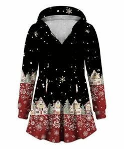 Cheap ✔️ UDEAR Red & Black Snowflake Village Long-Sleeve Peplum Hooded Tunic - 👩 Women & Plus 😉