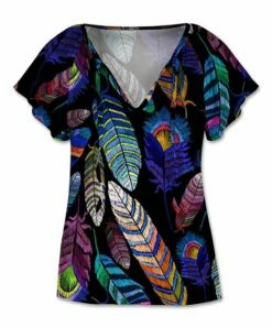 Buy 🥰 UDEAR Black & Blue Feathers Tie-Neck Flutter-Sleeve Top - Plus 🤩