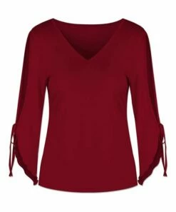 Best deal 😉 UDEAR Burgundy Tie-Sleeve V-Neck Top - Plus 🛒