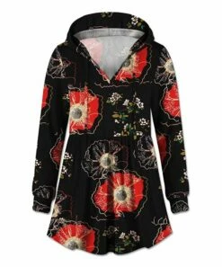 New ❤️ UDEAR Black & Red Floral Flared V-Neck Hoodie - Plus 🧨