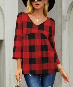 Best deal ๐ UDEAR Black & Red Plaid V-Neck Empire-Waist Top - ๐ฉ Women ๐
