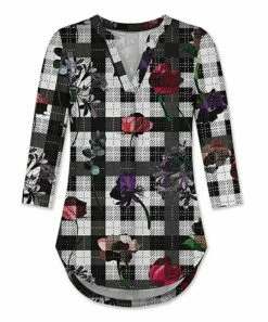 Best Sale 🎉 UDEAR Black & Pink Floral Notch-Neck Curved-Hem Top - 👩 Women ⌛