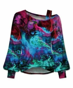 Hot Sale 💯 UDEAR Blue & Green Abstract Bishop-Sleeve Asymmetrical Cutout Top - 👩 Women 🌟
