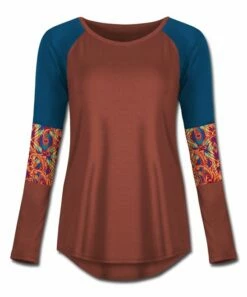 New ✨ UDEAR Rust Red & Cobalt Blue Geometric Color Block Raglan Top - Plus 😉