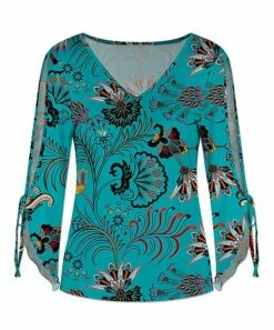 Cheap 🥰 UDEAR Black & Turquoise Floral Slit-Sleeve V-Neck Top - Plus 🎉