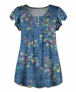 Best deal 😀 UDEAR Blue & Yellow Floral Button-Detail Flutter-Sleeve Top - 👩 Women ✔️