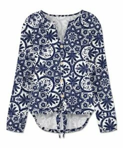New 🎉 UDEAR Navy & White Floral Medallion Long-Sleeve Top - Plus ❤️