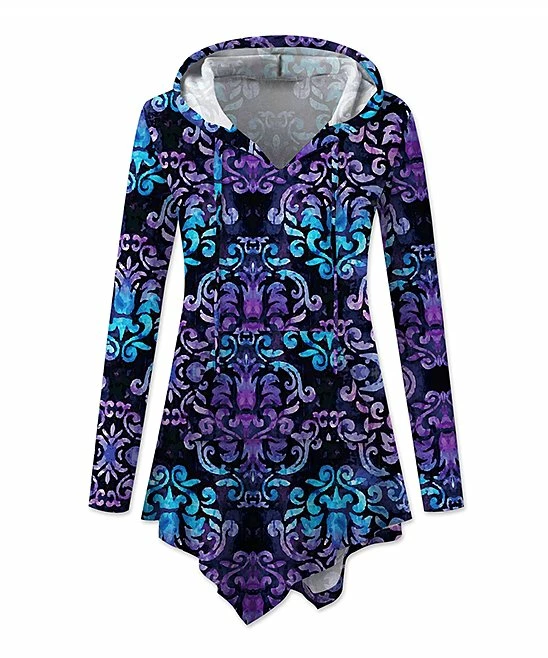 Promo ๐ UDEAR Black & Purple Damask Triangle-Hem Hoodie - Plus ๐