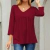 Budget 🔔 UDEAR Burgundy V-Neck Babydoll Tunic - 👩 Women 🎉