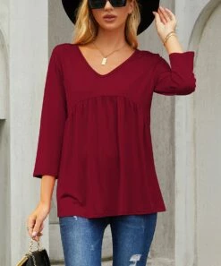 Budget 🔔 UDEAR Burgundy V-Neck Babydoll Tunic - 👩 Women 🎉