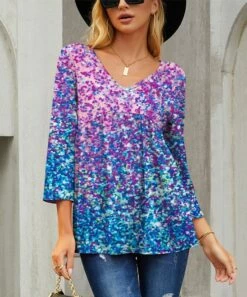 Best Pirce 🛒 UDEAR Blue & Purple Splatter V-Neck Top - Plus ⌛