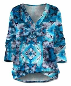 Cheap ⭐ UDEAR Blue-Green & Light Purple Abstract V-Neck Top - Plus 🔔