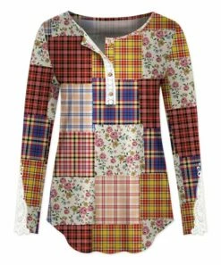 Brand new 🎁 UDEAR Blue & Yellow Patchwork Lace-Accent Button-Front Top - 👩 Women ✔️