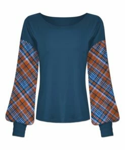 Budget 👏 UDEAR Cobalt Blue & Orange Plaid Crewneck Bishop-Sleeve Top - Plus 🔔