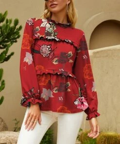 New ๐งจ UDEAR Red & Pink Floral Ruffle Long-Sleeve Top - ๐ฉ Women ๐