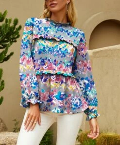Wholesale 🔔 UDEAR Blue & Yellow Abstract Ruffle Long-Sleeve Top - 👩 Women ⌛
