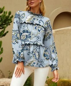 Flash Sale 🔔 UDEAR Blue & White Abstract Ruffle Long-Sleeve Top - 👩 Women ✔️