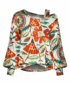 Brand new ❤️ UDEAR White & Orange Floral Asymmetric Balloon-Sleeve Top - Plus 🎉