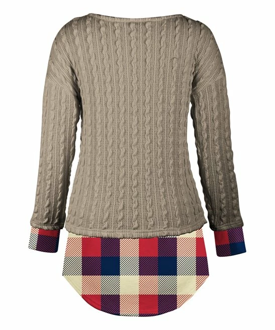 Brand new ๐ UDEAR Light Coffee & Red Plaid Layered Hi-Low Cable-Knit Top - ๐ฉ Women & Plus ๐ - Image 2