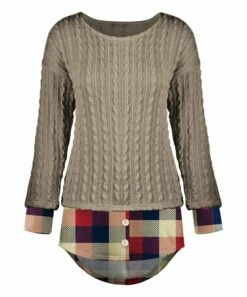 Brand new 🎁 UDEAR Light Coffee & Red Plaid Layered Hi-Low Cable-Knit Top - 👩 Women & Plus 🔔
