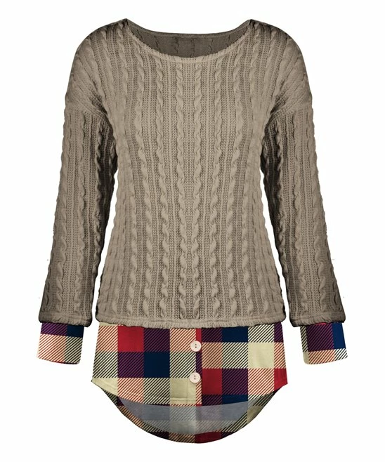 Brand new ๐ UDEAR Light Coffee & Red Plaid Layered Hi-Low Cable-Knit Top - ๐ฉ Women & Plus ๐