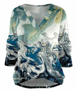 Best Sale 💯 UDEAR Blue & Gold Marbled V-Neck Top - 👩 Women 😀