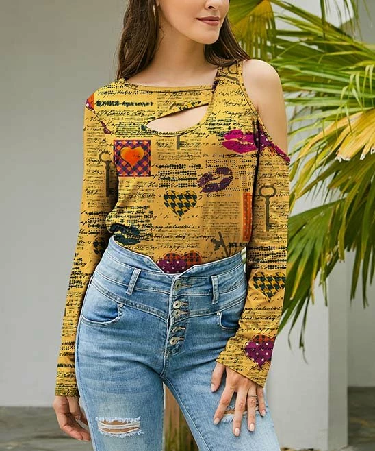 Deals ๐ UDEAR Yellow & Rose Red Heart Cutout-Front Asymmetrical Top - ๐ฉ Women ๐